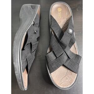 Bzees Disco Black Strappy Wedge Heels Sandals Stretch Woven Slides Size 7.5